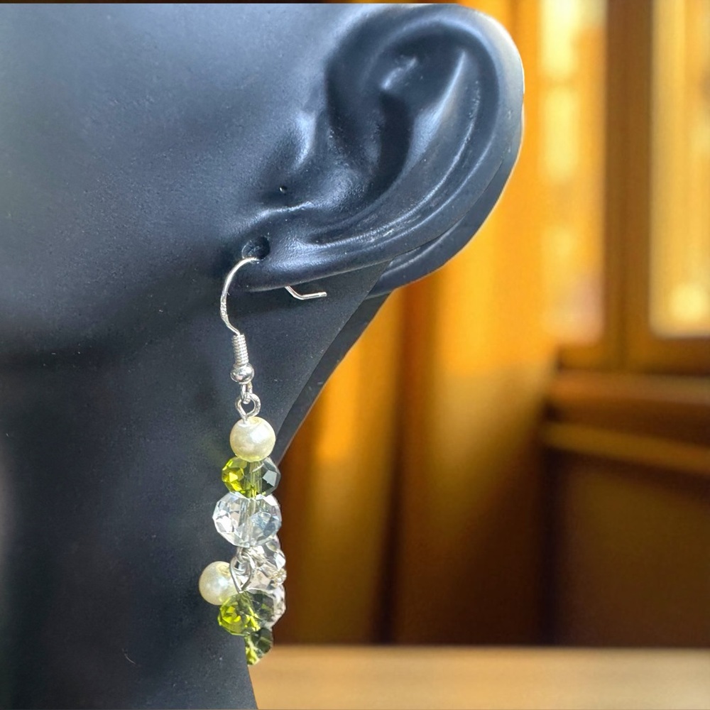 Handmade Sterling Silver Earrings W/ Freshwater Pearls & Green Multifaceted Crys